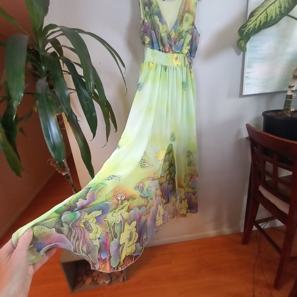 Fairycore Whimsical Sheer Layered Ruffled Floral V Neck Flowy Cottagecore Dress - Picture 3 of 8